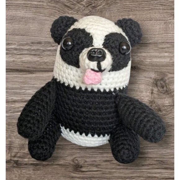Crochet Panda Toy Handmade Plush Tongue Out Bear Amigurumi Stuffed Animal Odd 6" - Picture 1 of 16